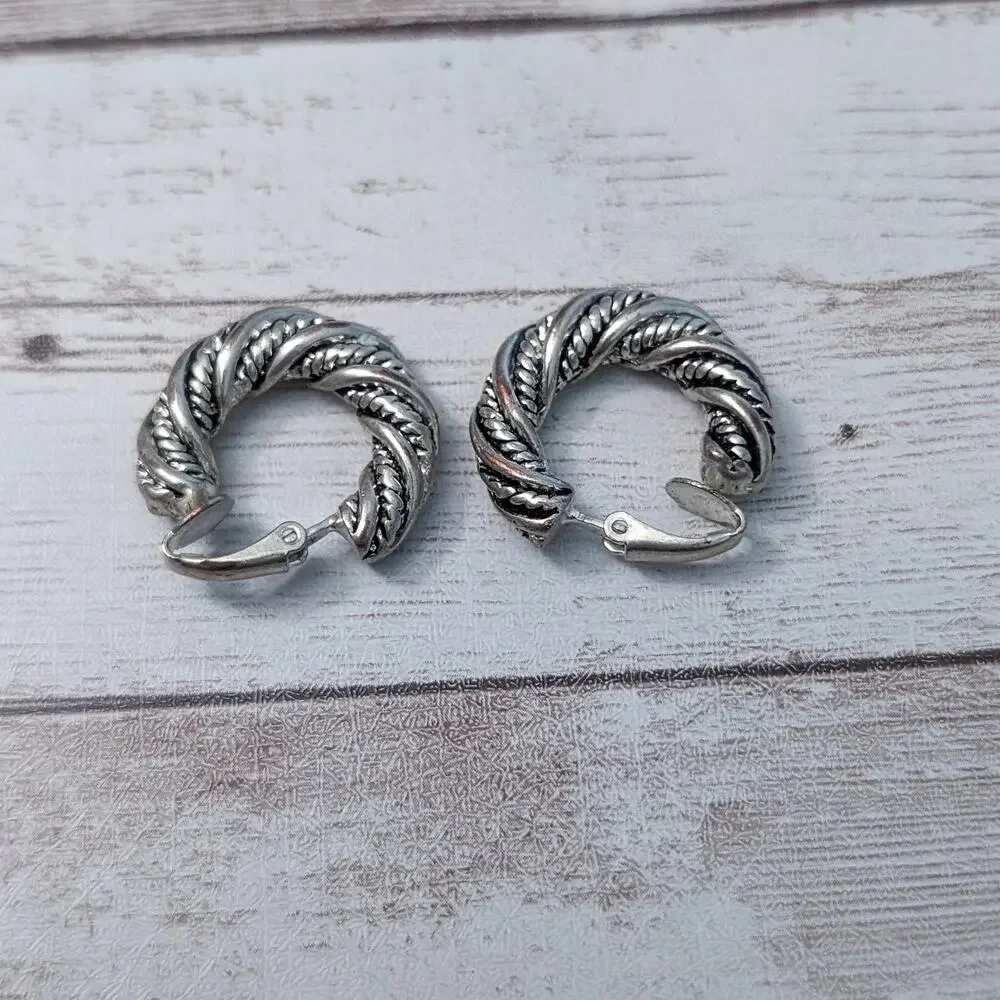 Vintage Clip On Earrings Silver Tone Twisted Rope Style Hoops - Some Tarnish